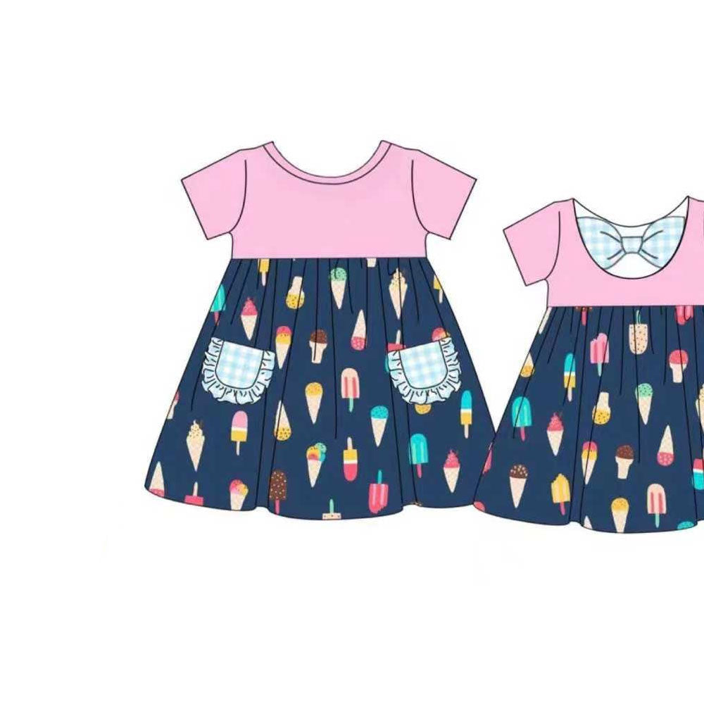preorder GSD2958 ice Summer pocket pink short sleeve girls dress