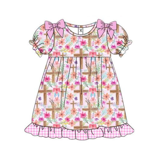 preorder GSD2959 Easter cross flowers pink short sleeve girls dress