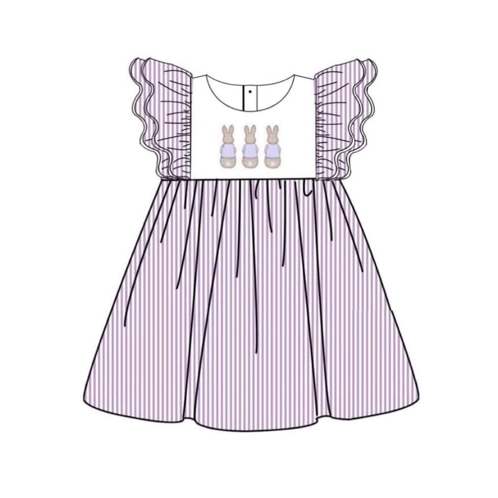 preorder GSD2960 Easter bunny rabbit purple striped flutter sleeve girls dress