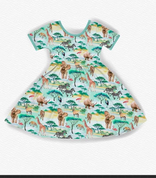 preorder GSD2969 zoo animals elephant zebra short sleeve girls dress