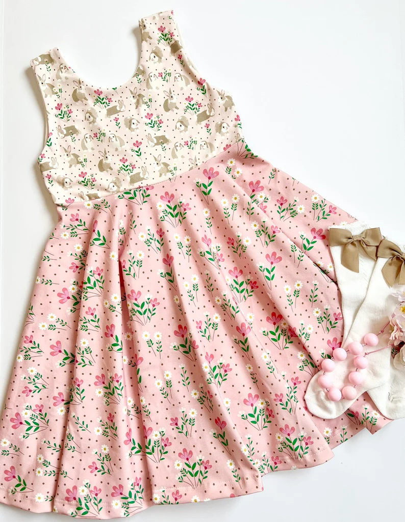 preorder GSD2984 Easter rabbit bunny flowers sleeveless girls dress