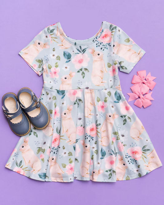 preorder GSD2994 Easter Bunny Rabbit Pink Flowers Short Sleeve Girls Dress