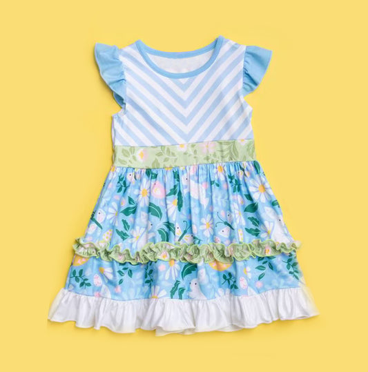 preorder GSD2995 Easter Bunny Rabbit Blue Flowers Flutter Sleeve Girls Dress