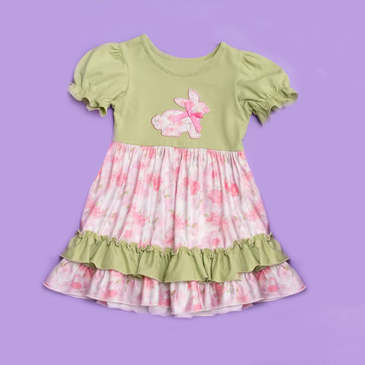 preorder GSD2996 Easter Bunny Rabbit Flowers Green Short Sleeve Girls Dress