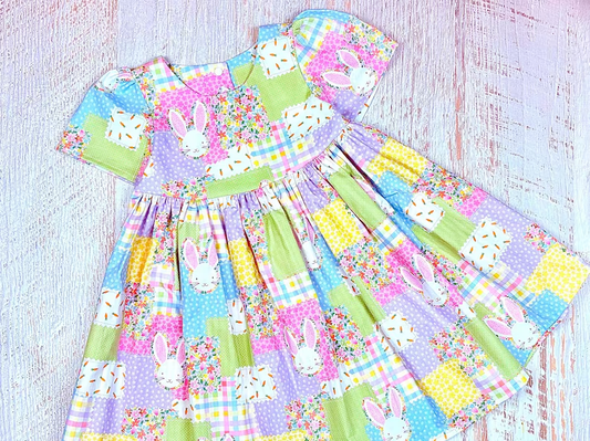 preorder GSD2997 Easter Bunny Rabbit Flowers Colorful Short Sleeve Girls Dress
