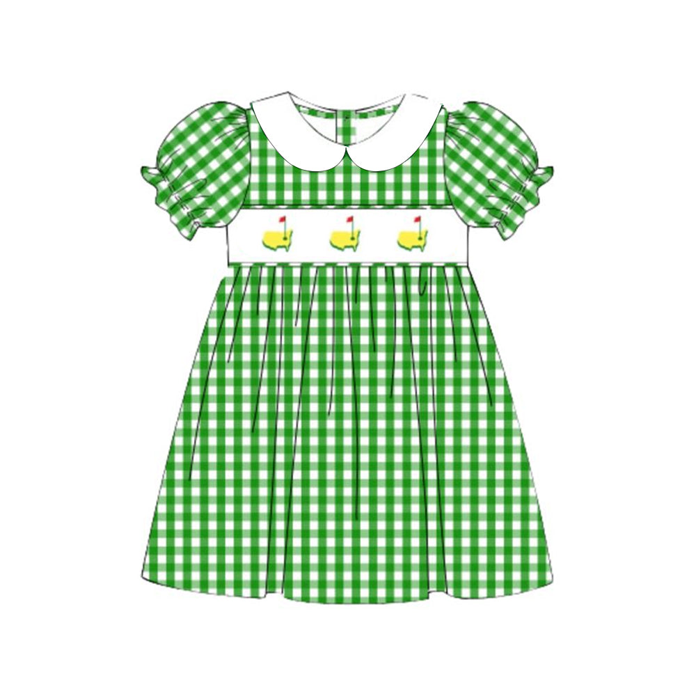 preorder GSD2998 Golf Green Checkered Short Sleeve Girls Dress