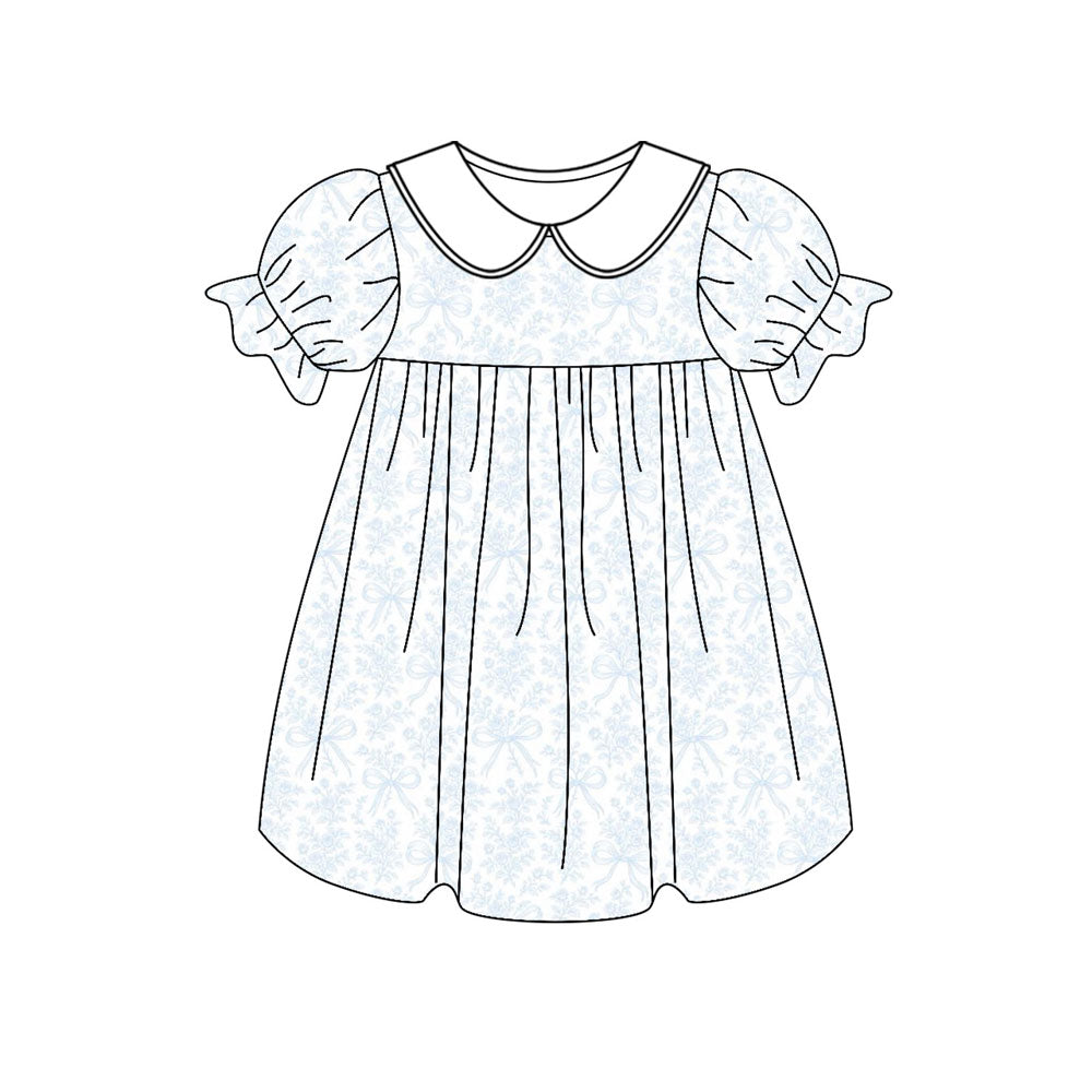 preorder GSD2999 Blue Flowers Floral Bows Short Sleeve Girls Dress