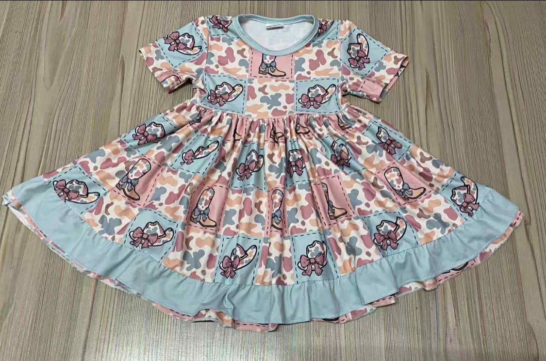 preorder GSD3002 Hunting Camo Western Boot Short Sleeve Girls Dress