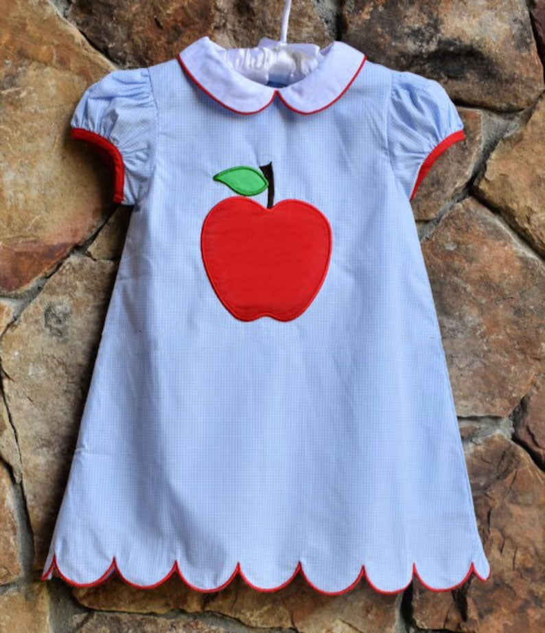 preorder GSD3003 Bacl To School Apple Blue Short Sleeve Girls Dress