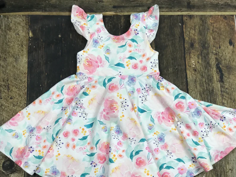 preorder GSD3020 Pink Flowers Floral Flutter Sleeve Girls Dress