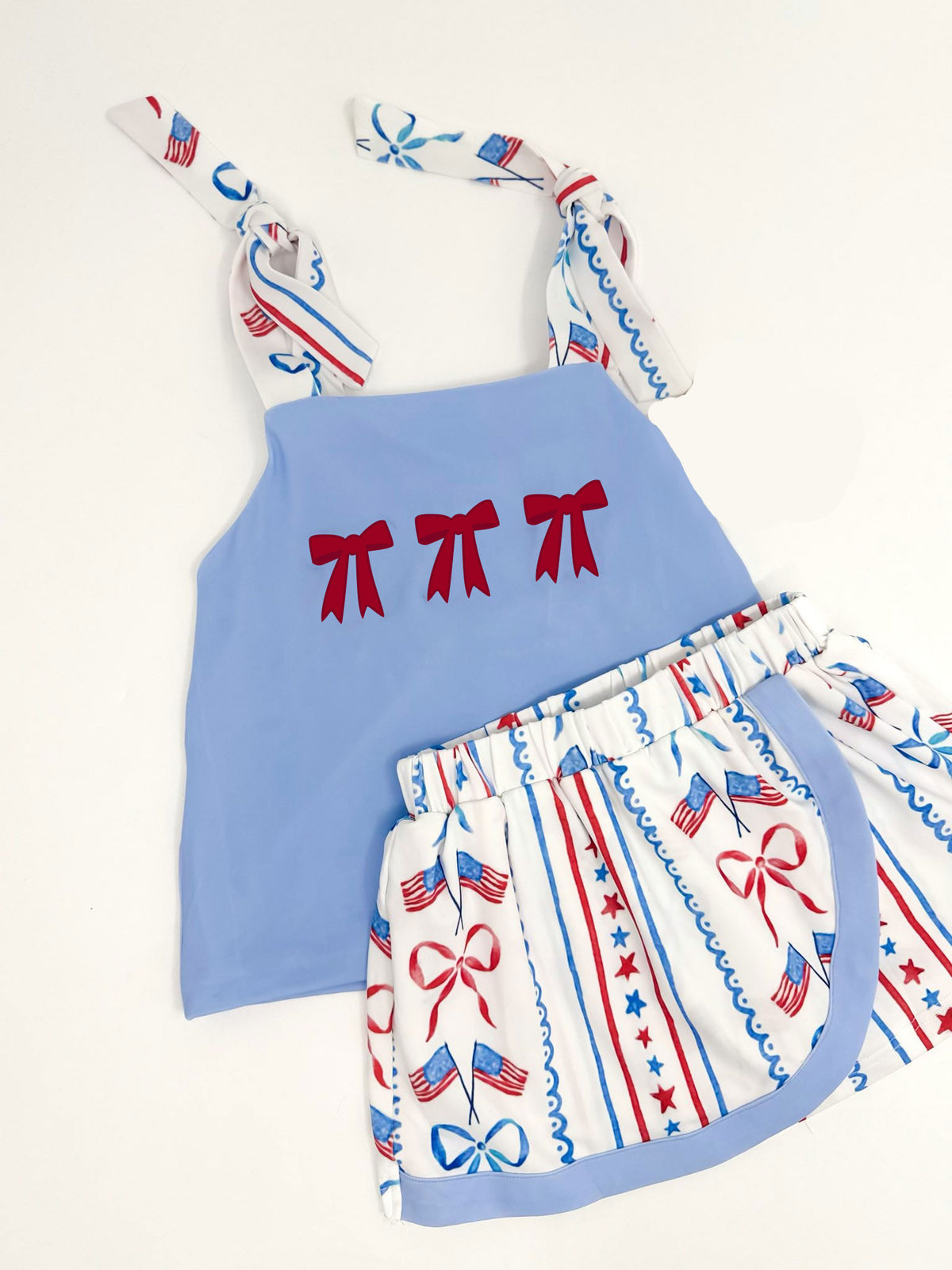 preorder GSD3025 July 4th Bows Blue Top Flag Star Shorts Girls Set