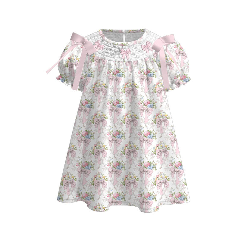preorder GSD3047 Pink Bows Flowers Short Sleeve Girls Dress