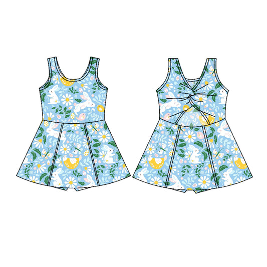 preorder GSD3048 Easter Bunny Rabbit Flowers Blue Sleeveless Skorts Girls Dress