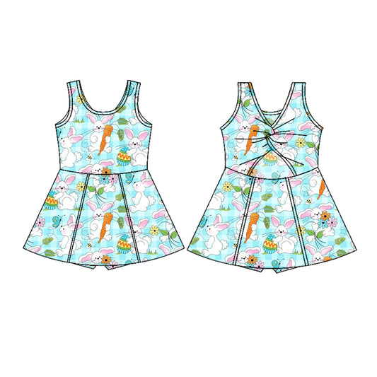 preorder GSD3049 Easter Bunny Rabbit Carrot Egg Blue Sleeveless Skorts Girls Dress