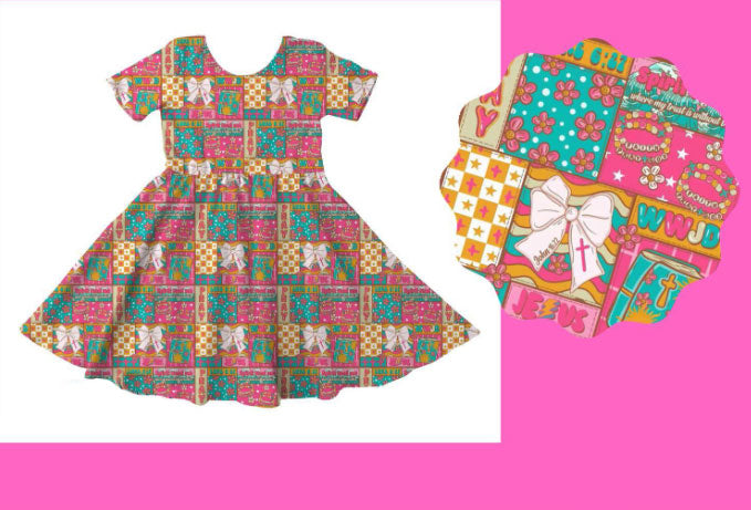 preorder GSD3070 Easter Cross Bows Flowers Colorful Short Sleeve Girls Dress