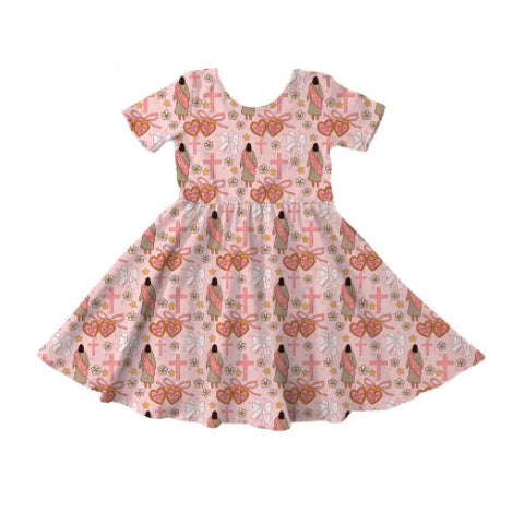 preorder GSD3071 Easter Cross Jesus Flower Pink Short Sleeve Girls Dress