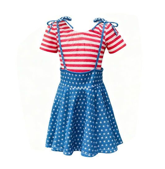 preorder GSD3073 July 4th Red Striped Short Sleeve Blue Star Dress Girls Dress