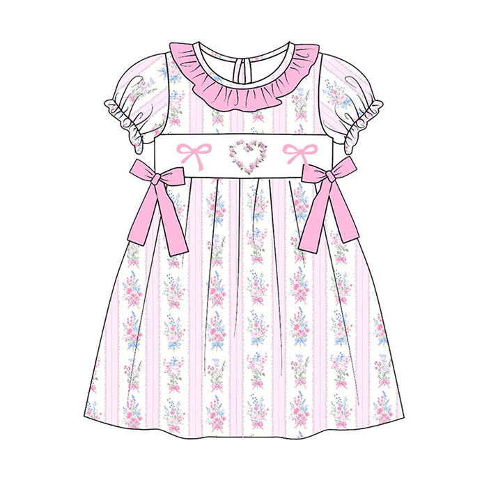 preorder GSD3078 Valentine's Day Heart Bows Flowers Short Sleeve Girls Dress
