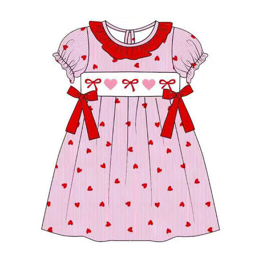 preorder GSD3079 Valentine's Day Heart Bows Hot Pink Short Sleeve Girls Dress