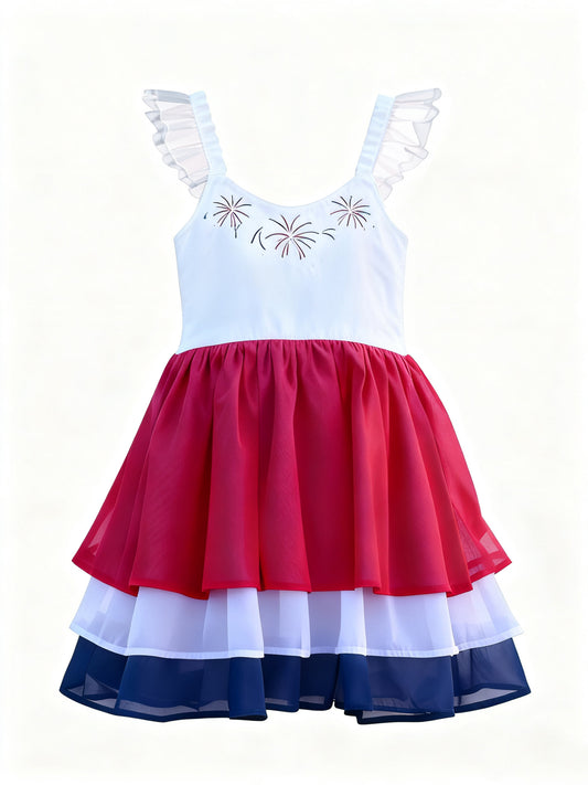 preorder GSD3084 July 4th Red Blue Flutter Sleeve Girls Dress
