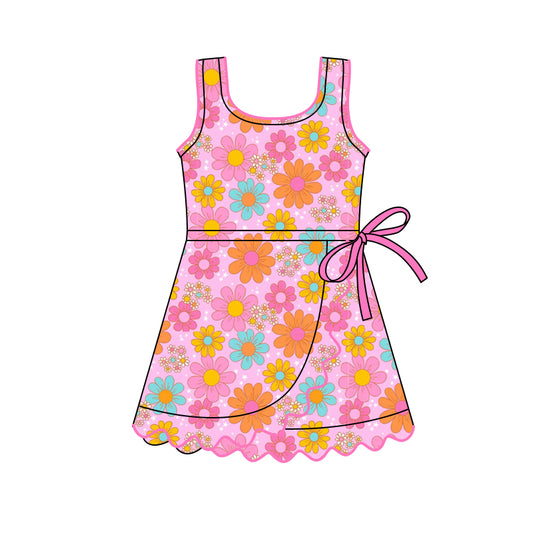 preorder GSD3094 Yoga Pink Flowers Sleeveless Skorts Girls Dress