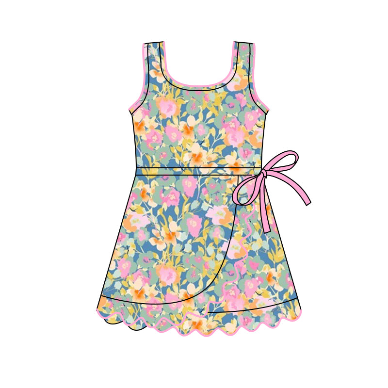 preorder GSD3096 Yoga Pink Flowers Sleeveless Skorts Girls Dress