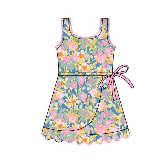 preorder GSD3096 Yoga Pink Flowers Sleeveless Skorts Girls Dress