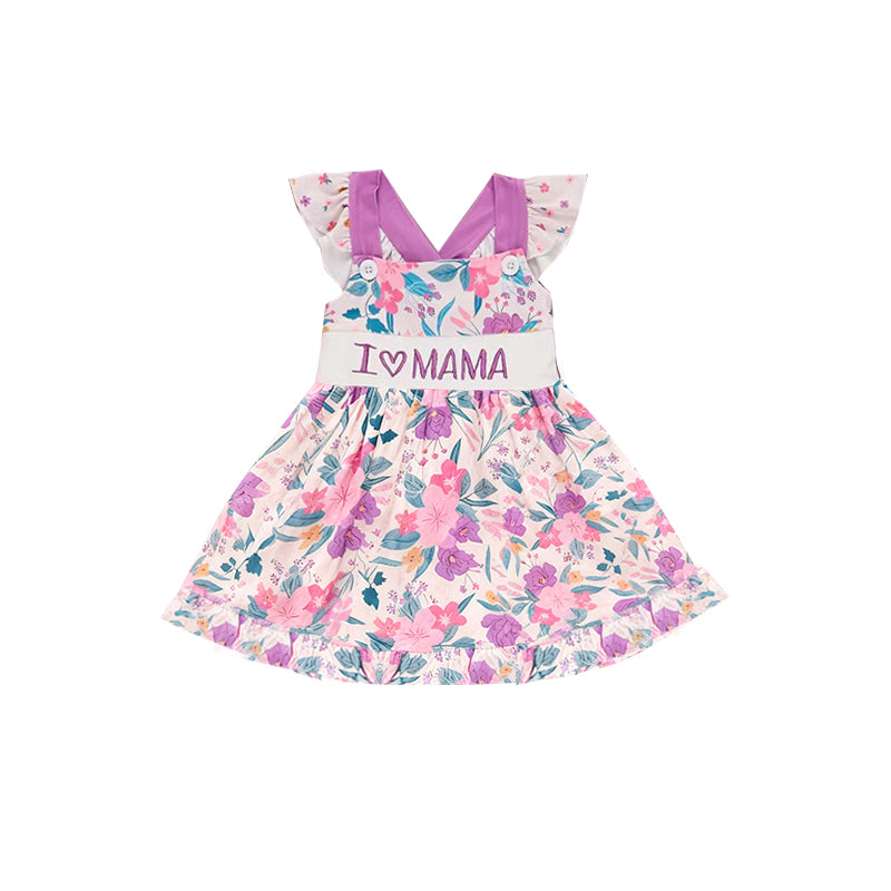 preorder GSD3109 I Love Mama Purple Flowers Flutter Sleeve Girls Dress