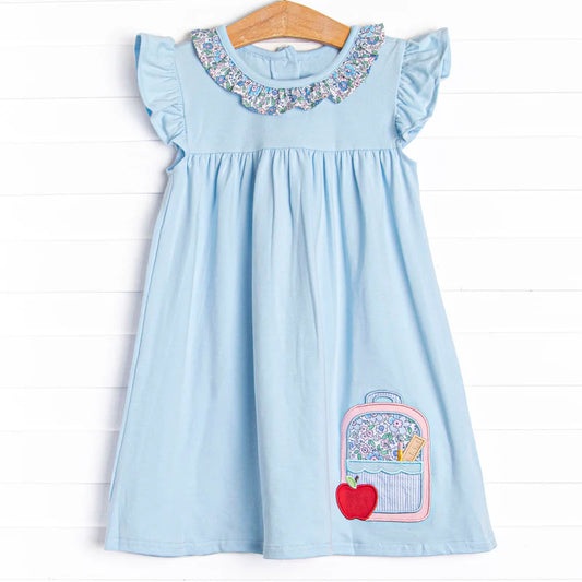 preorder GSD3118 Back To School Bag Apple Blue Flutter Sleeve Girls Dress