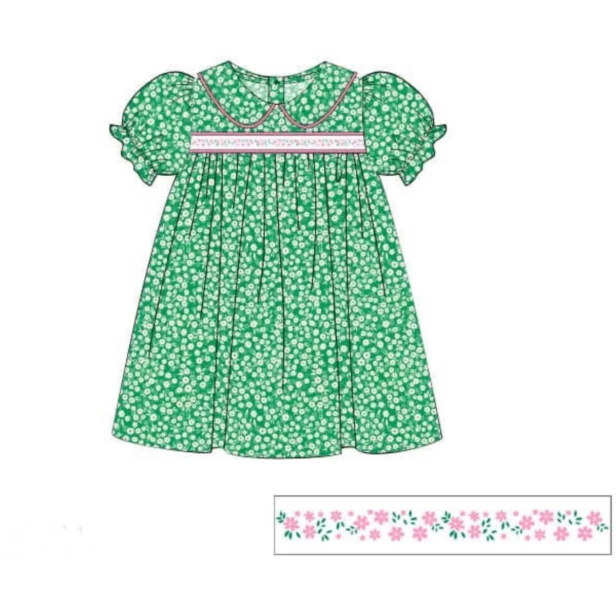 preorder GSD3124 Green Flowers Floral Short Sleeve Girls Dress