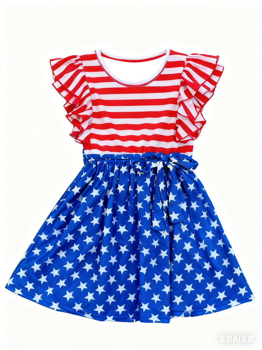 preorder GSD3130 July 4th Striped Star Flutter Sleeve Girls Dress