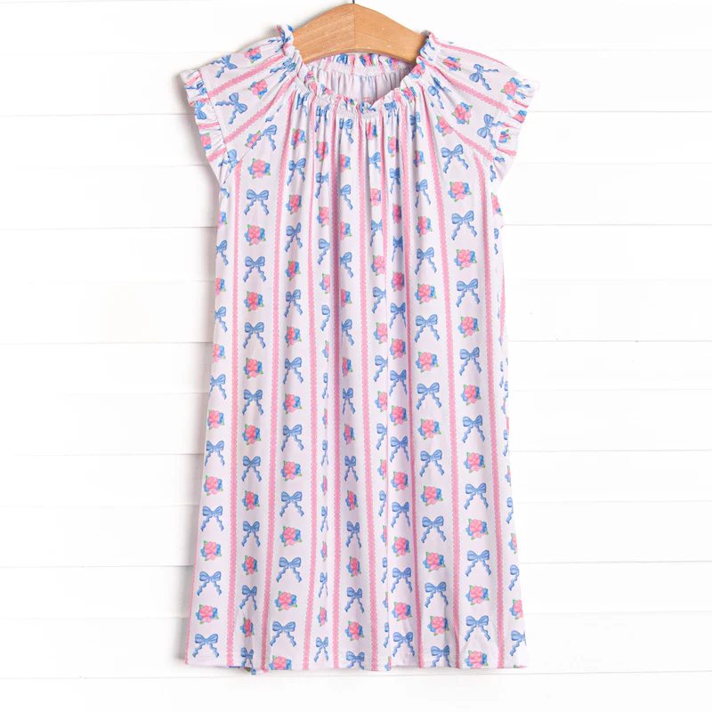 preorder GSD3143 Pink Flowers Blue Bows Short Sleeve Girls Dress