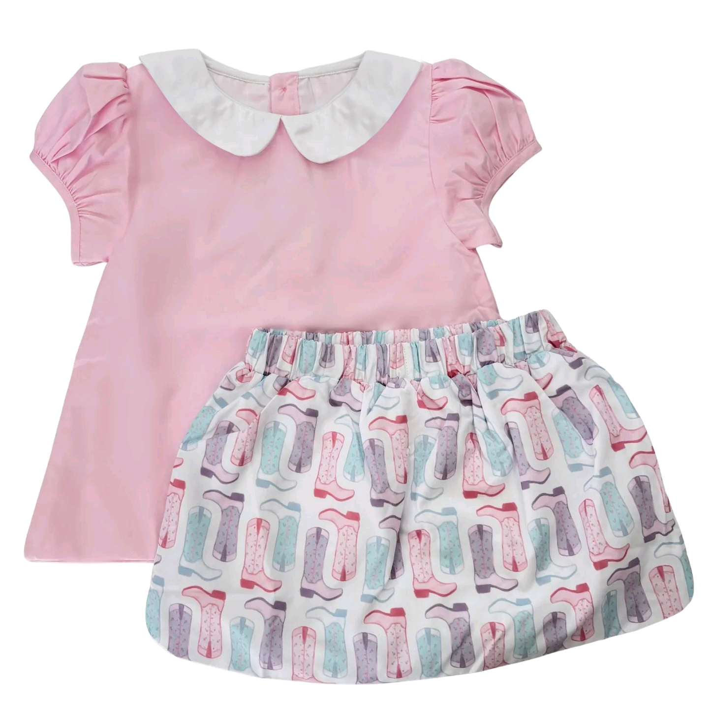 preorder GSD3146 Western Boots Pink Short Sleeve Skirts Girls Set