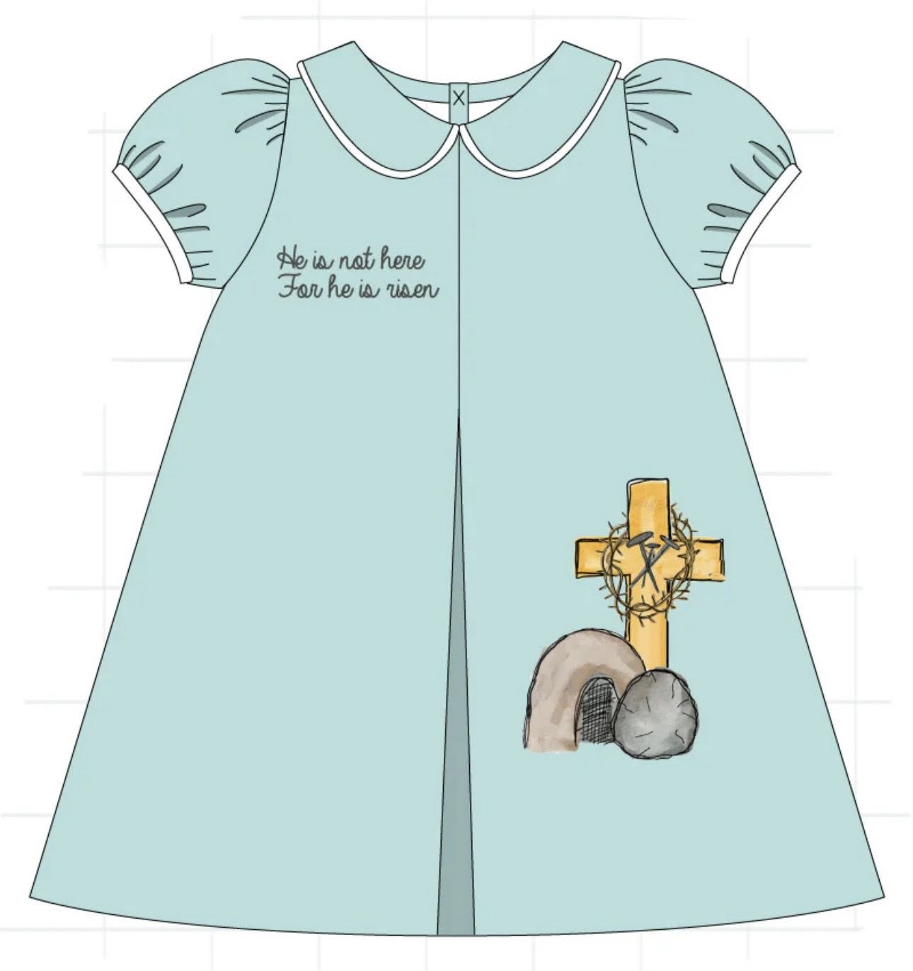preorder GSD3200 Easter Cross He Is Not Here Blue Short Sleeve Girls Dress