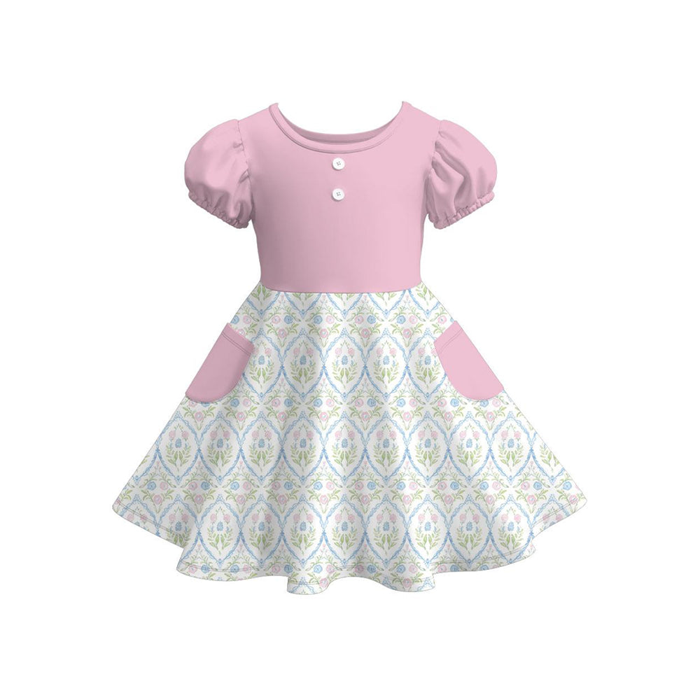 preorder GSD3263 Pink Flowers Short Sleeve Girls Dress