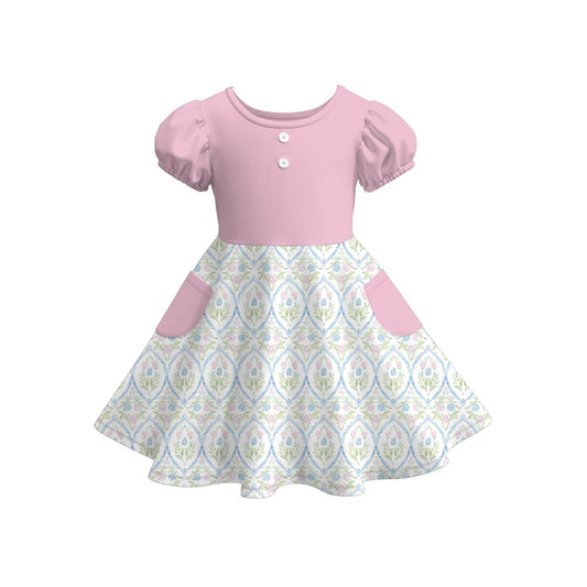 preorder GSD3263 Pink Flowers Short Sleeve Girls Dress