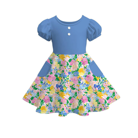 preorder GSD3265 Colorful Flowers Blue Short Sleeve Girls Dress