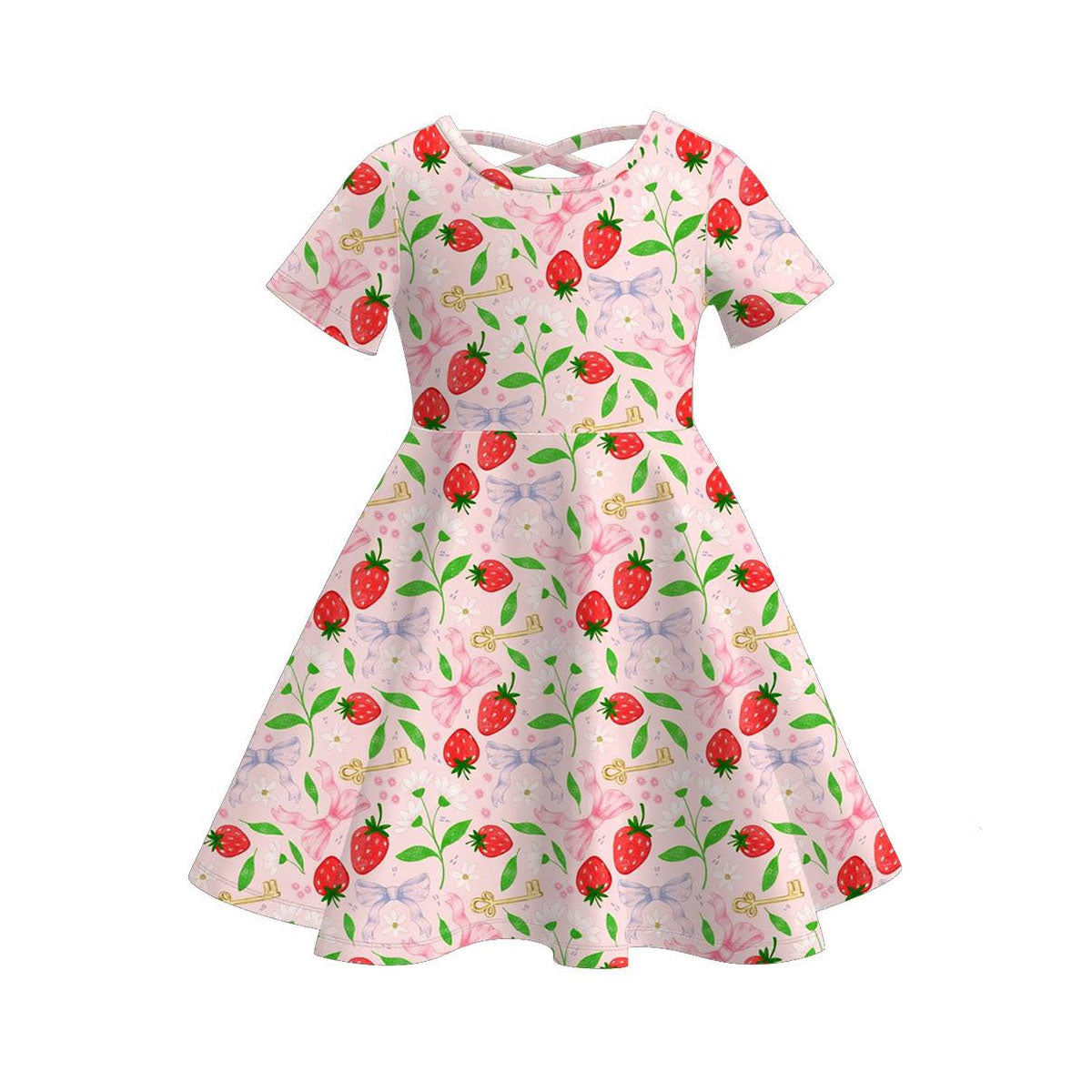 preorder GSD3266 Strawberry Bows Pink Short Sleeve Girls Dress