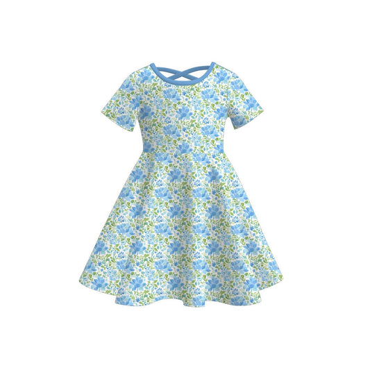 preorder GSD3267 Blue Flowers Floral Short Sleeve Girls Dress