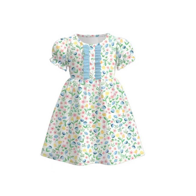 preorder GSD3269 Colorful Flowers Floral Blue Short Sleeve Girls Dress