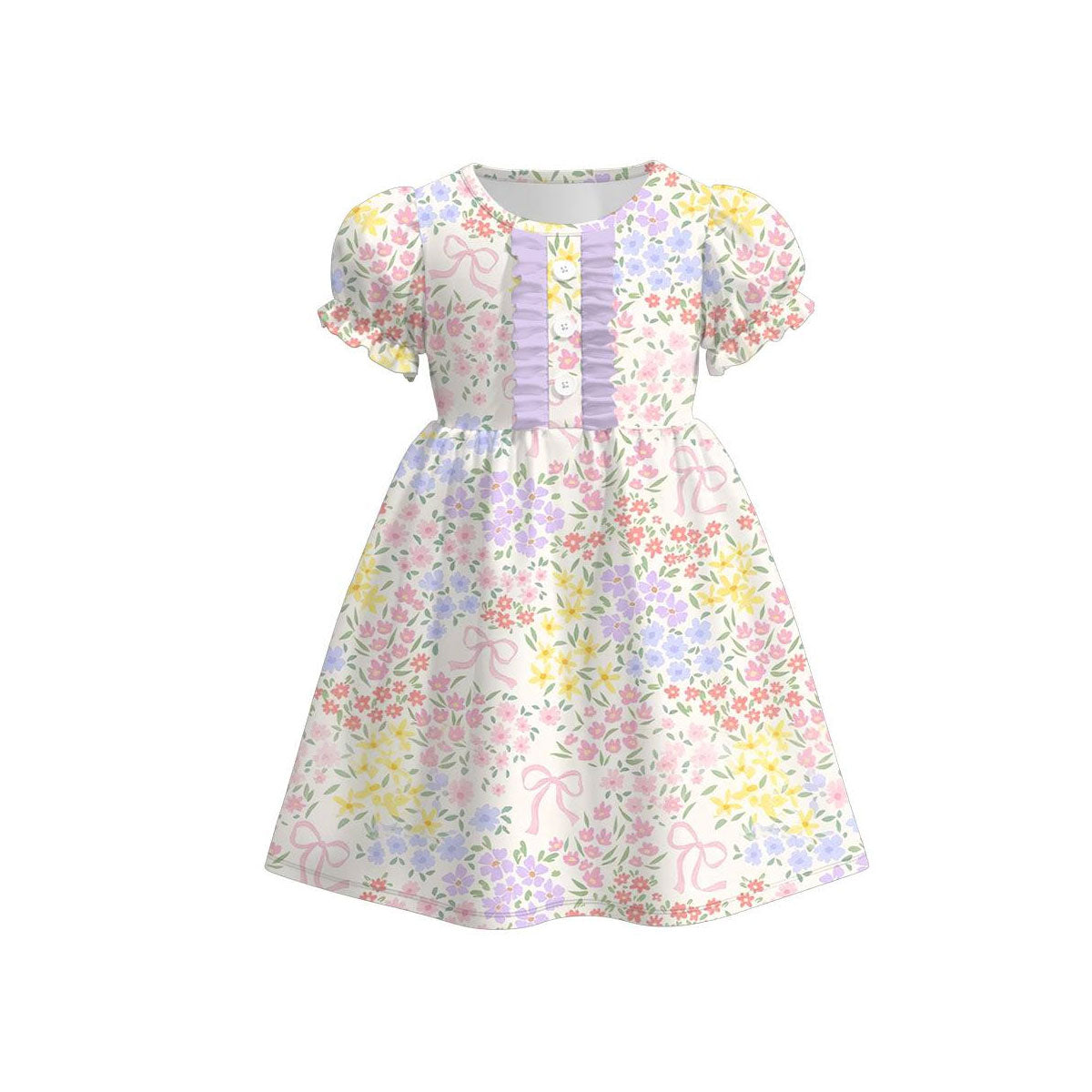 preorder GSD3270 Colorful Flowers Floral Bows Short Sleeve Girls Dress