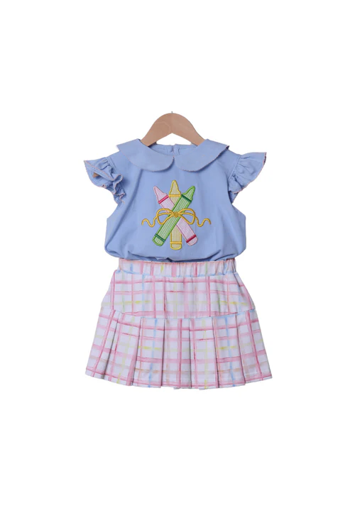 preorder GSD3279 Back To School Pen Blue Flutter Sleeve Pink Chekcered Skirt Girls Set