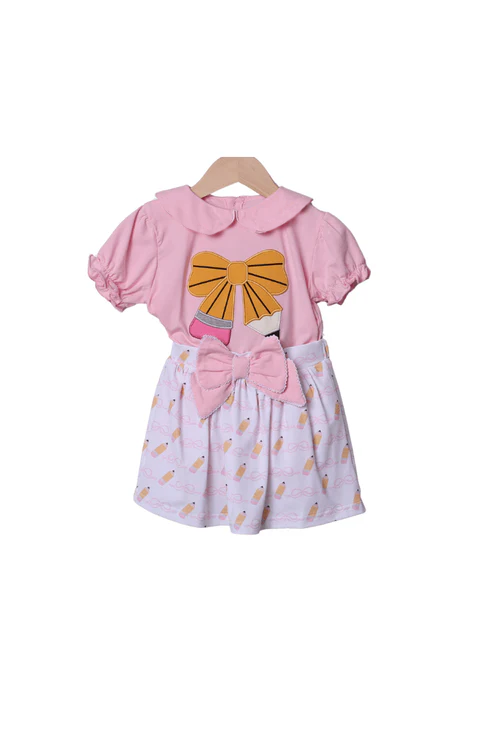 preorder GSD3280 Back To School Pen Pink Flutter Sleeve Pink Skirt Girls Set