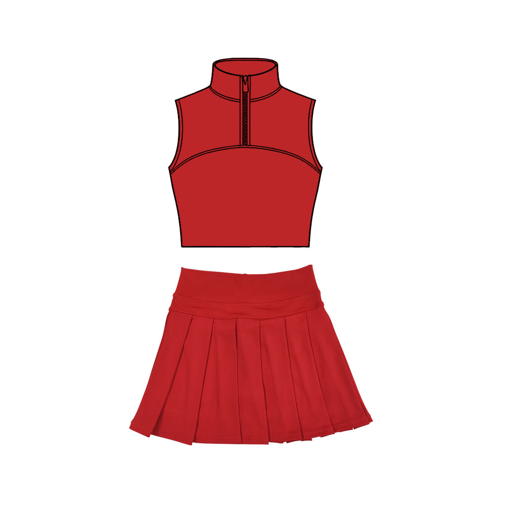 preorder GSD3288 Yoga Solid Color Red Zipper Sleeveless Skorts Girls Set