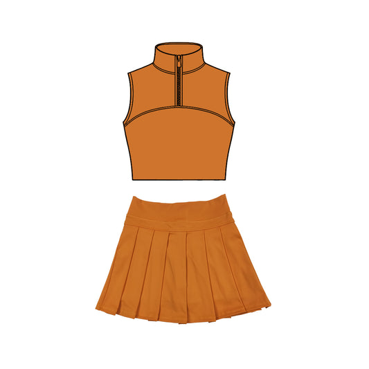 preorder GSD3289 Yoga Solid Color Orange Zipper Sleeveless Skorts Girls Set