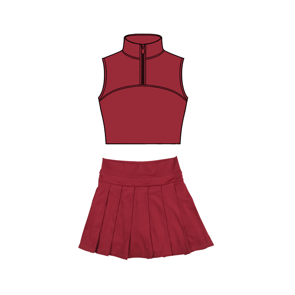preorder GSD3291 Yoga Solid Color Maroon Zipper Sleeveless Skorts Girls Set
