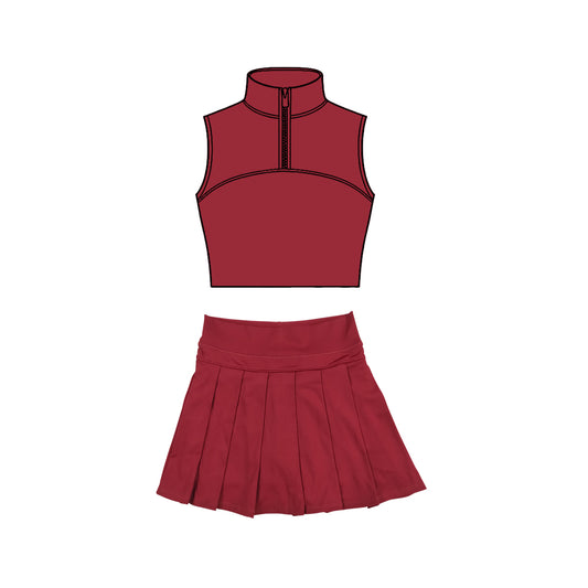 preorder GSD3291 Yoga Solid Color Maroon Zipper Sleeveless Skorts Girls Set