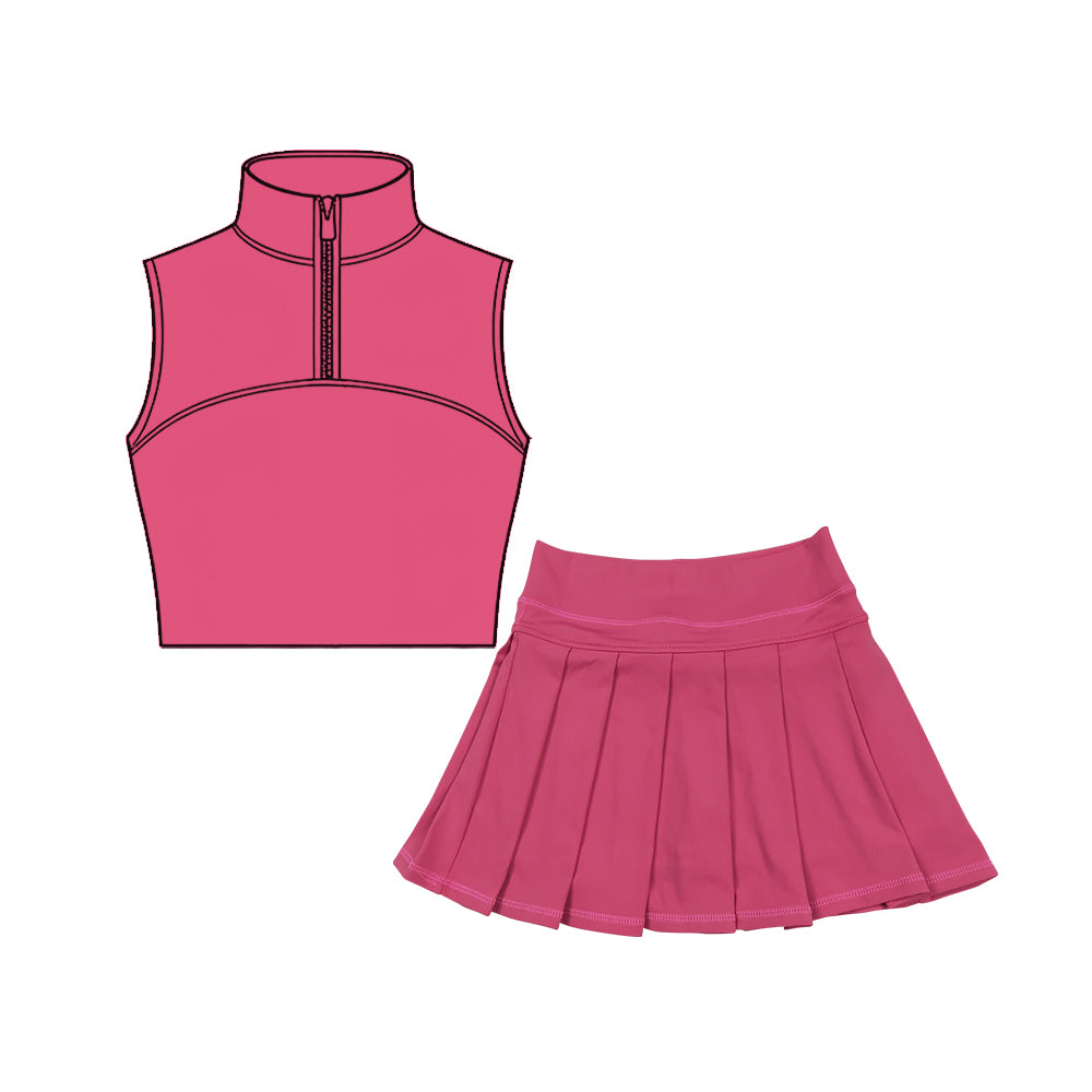 preorder GSD3294 Yoga Solid Color Hot Pink Zipper Sleeveless Skorts Girls Set