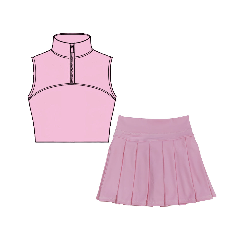 preorder GSD3295 Yoga Solid Color Pink Zipper Sleeveless Skorts Girls Set