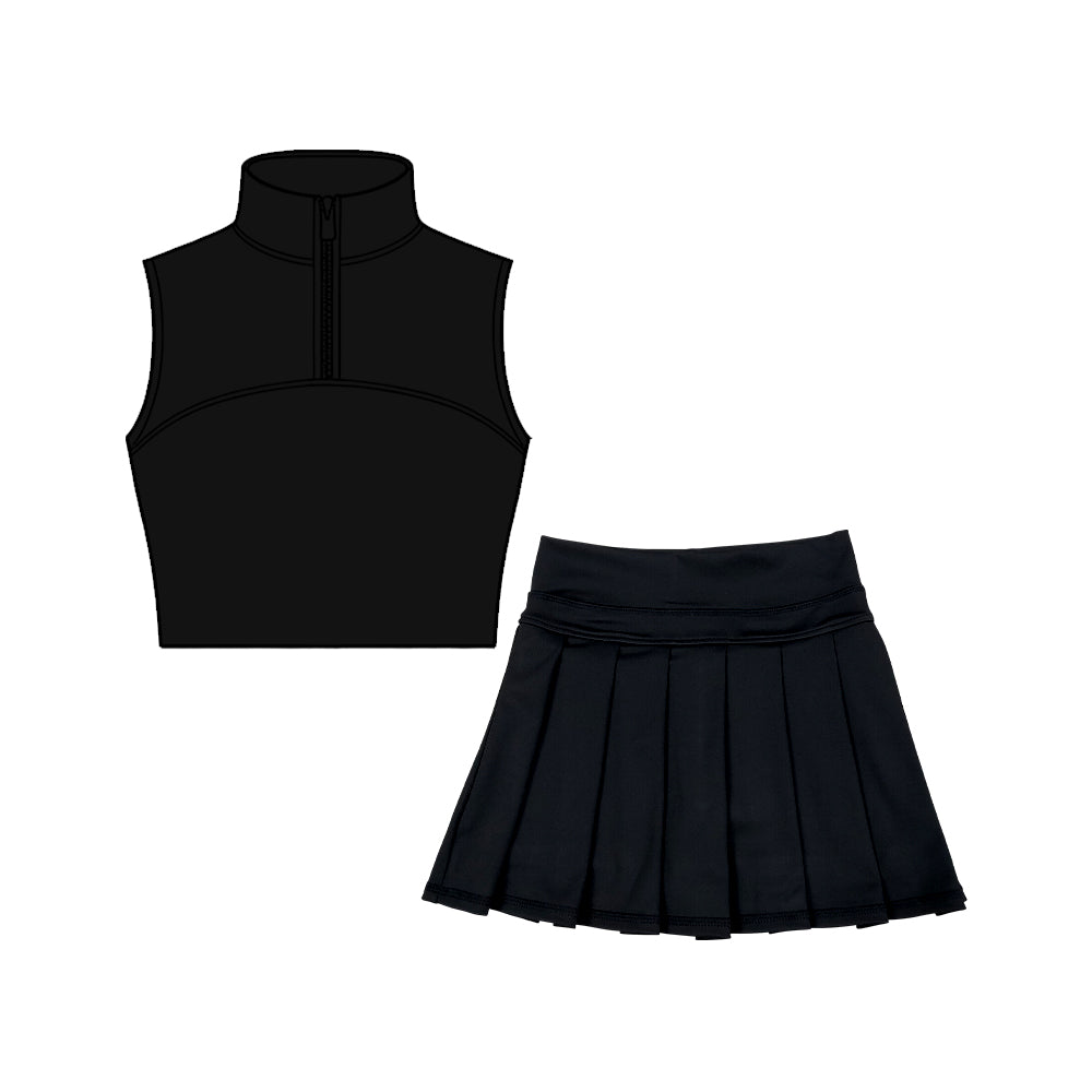 preorder GSD3297 Yoga Solid Color Black Zipper Sleeveless Skorts Girls Set